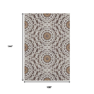 HomeRoots 9' X 12' Chocolate & Ivory Geometric Area Rug - Durable, Washable, UV-Protected for Family Spaces 652214