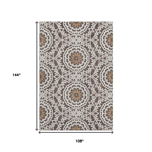 HomeRoots 9' X 12' Chocolate & Ivory Geometric Area Rug - Durable, Washable, UV-Protected for Family Spaces 652214