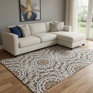 HomeRoots 9' X 12' Chocolate & Ivory Geometric Area Rug - Durable, Washable, UV-Protected for Family Spaces 652214