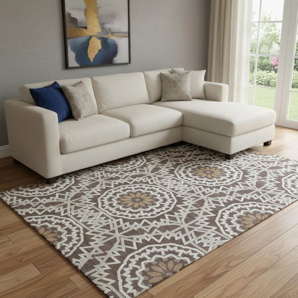 HomeRoots 9' X 12' Chocolate & Ivory Geometric Area Rug - Durable, Washable, UV-Protected for Family Spaces 652214
