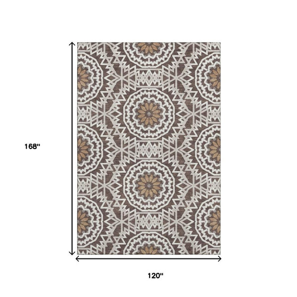 HomeRoots 10' X 14' Chocolate and Ivory Geometric Washable Area Rug - Durable, Stylish, and UV Protected Design 652215