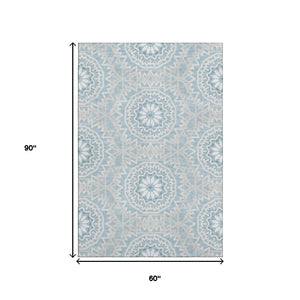 HomeRoots 5' X 8' Denim Blue Geometric Area Rug - Stain-Resistant, UV Protected & Easy Care for Modern Homes 652217