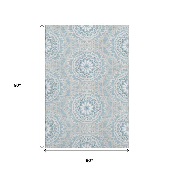 HomeRoots 5' X 8' Denim Blue Geometric Area Rug - Stain-Resistant, UV Protected & Easy Care for Modern Homes 652217