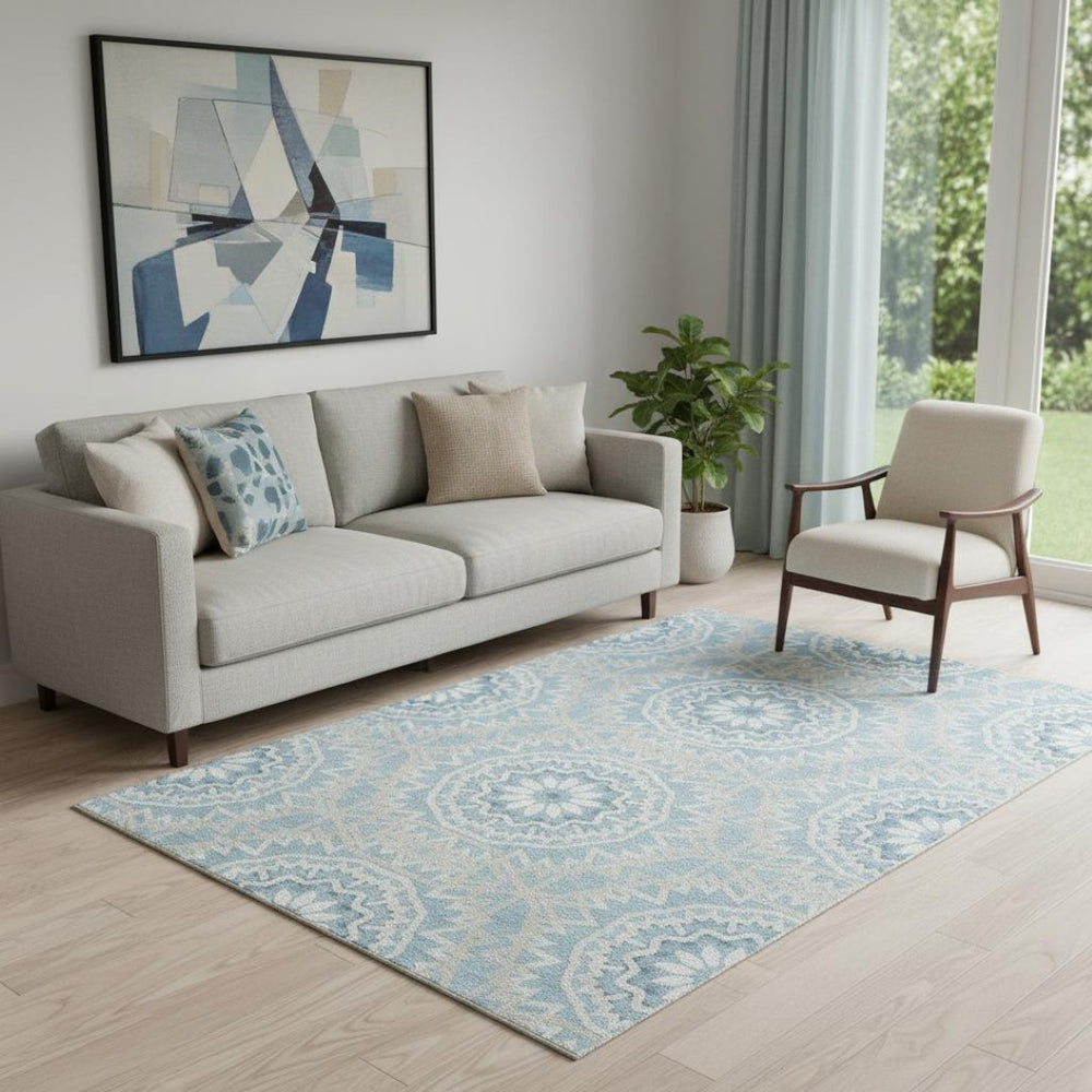 HomeRoots 5' X 8' Denim Blue Geometric Area Rug - Stain-Resistant, UV Protected & Easy Care for Modern Homes 652217
