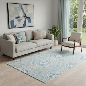 HomeRoots 5' X 8' Denim Blue Geometric Area Rug - Stain-Resistant, UV Protected & Easy Care for Modern Homes 652217