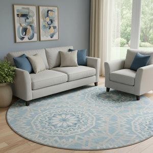 HomeRoots 8' Denim Blue Round Rug with Ivory Geometric Design - Washable, UV Resistant & Stain-Proof Style 652218