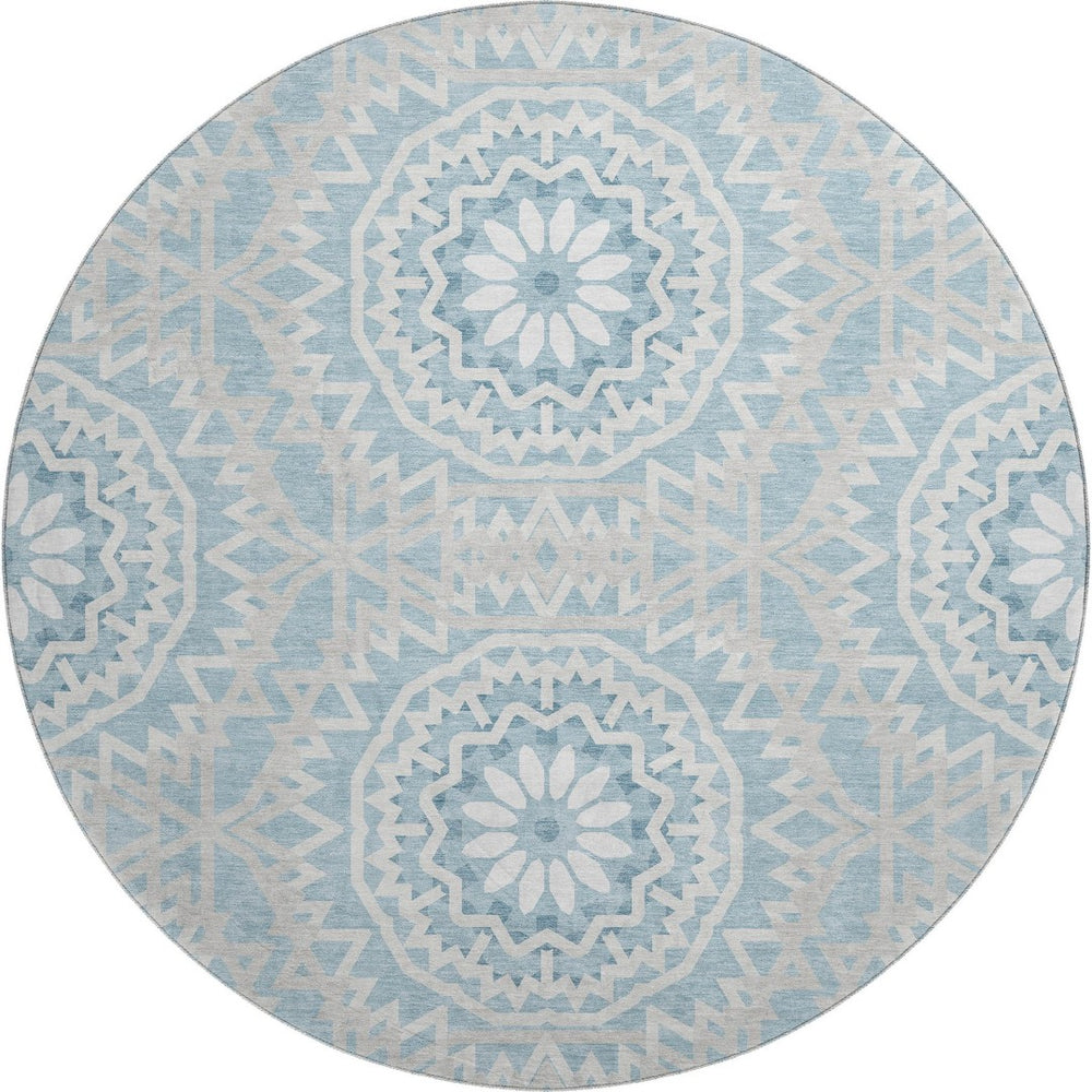 HomeRoots 8' Denim Blue Round Rug with Ivory Geometric Design - Washable, UV Resistant & Stain-Proof Style 652218