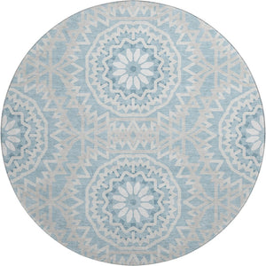 HomeRoots 8' Denim Blue Round Rug with Ivory Geometric Design - Washable, UV Resistant & Stain-Proof Style 652218