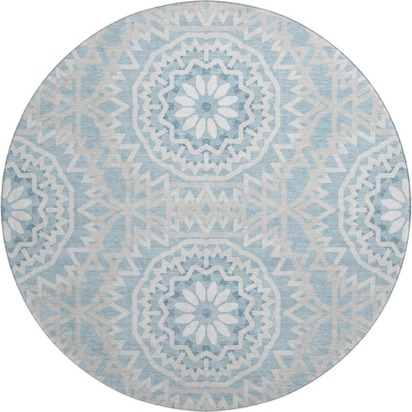 HomeRoots 8' Denim Blue Round Rug with Ivory Geometric Design - Washable, UV Resistant & Stain-Proof Style 652218