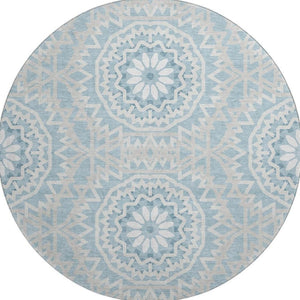 HomeRoots 8' Denim Blue Round Rug with Ivory Geometric Design - Washable, UV Resistant & Stain-Proof Style 652218