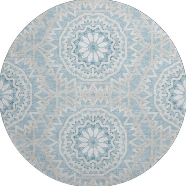 HomeRoots 8' Denim Blue Round Rug with Ivory Geometric Design - Washable, UV Resistant & Stain-Proof Style 652218