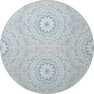 HomeRoots 8' Denim Blue Round Rug with Ivory Geometric Design - Washable, UV Resistant & Stain-Proof Style 652218