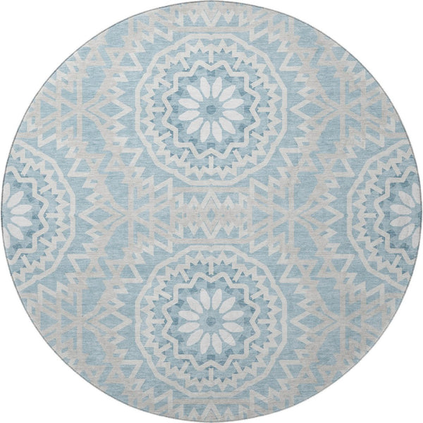 HomeRoots 8' Denim Blue Round Rug with Ivory Geometric Design - Washable, UV Resistant & Stain-Proof Style 652218