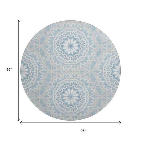 HomeRoots 8' Denim Blue Round Rug with Ivory Geometric Design - Washable, UV Resistant & Stain-Proof Style 652218