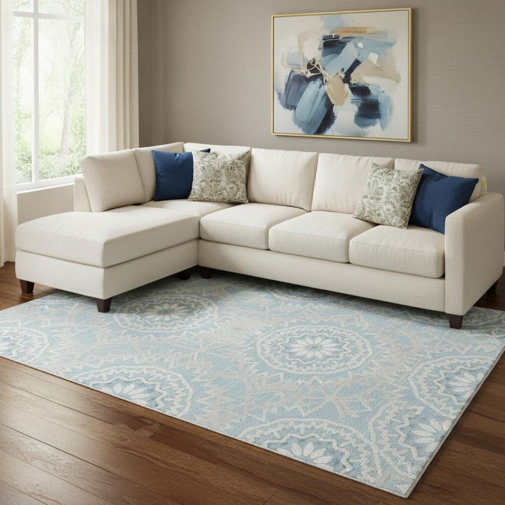 HomeRoots 8' X 10' Stylish Denim Blue and Ivory Geometric Area Rug – Washable, UV Protected, Durable Design 652219