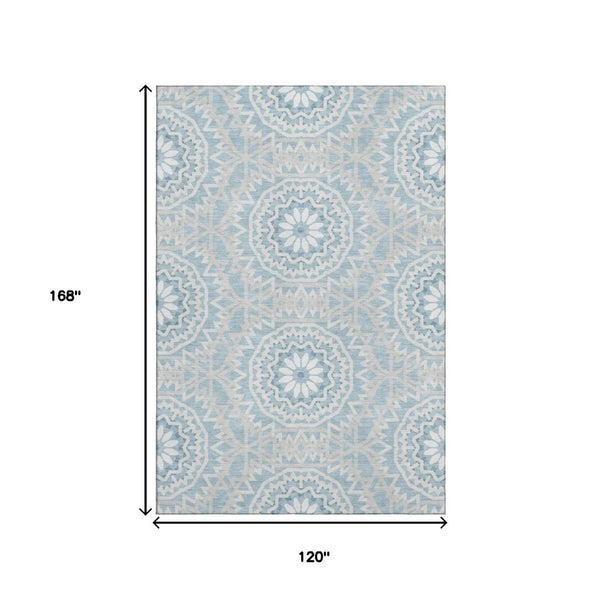 HomeRoots 10' X 14' Denim Blue Geometric Washable Area Rug - Stain Resistant, UV Protected for High-Traffic Spaces 652221