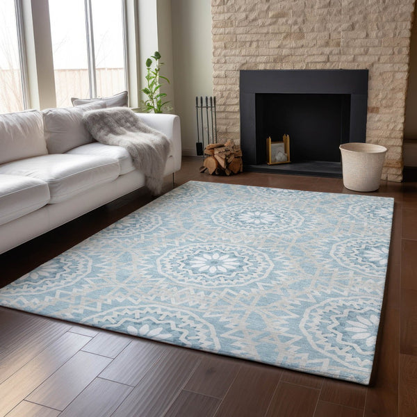 HomeRoots 10' X 14' Denim Blue Geometric Washable Area Rug - Stain Resistant, UV Protected for High-Traffic Spaces 652221