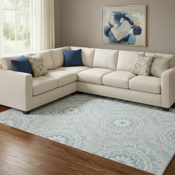 HomeRoots 10' X 14' Denim Blue Geometric Washable Area Rug - Stain Resistant, UV Protected for High-Traffic Spaces 652221