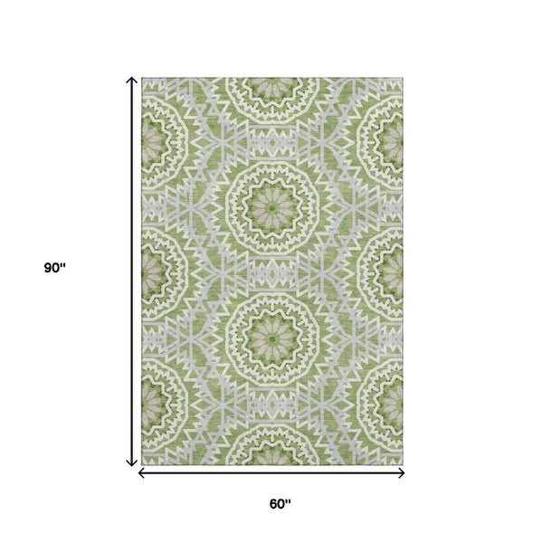 HomeRoots 5' X 8' Green and Ivory Geometric Washable Area Rug - Soft, Durable, UV-Protected for High Traffic Areas 652223