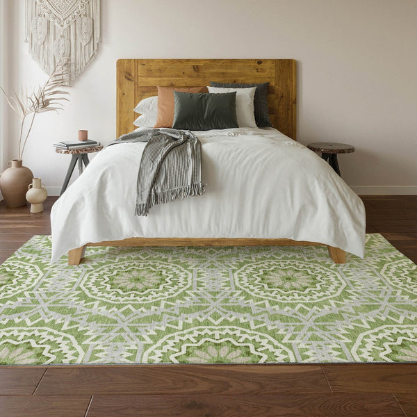HomeRoots 5' X 8' Green and Ivory Geometric Washable Area Rug - Soft, Durable, UV-Protected for High Traffic Areas 652223