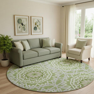 HomeRoots 8' Green And Ivory Geometric Round Rug - Stylish, Washable, UV-Protected for Kid & Pet-Friendly Spaces 652224