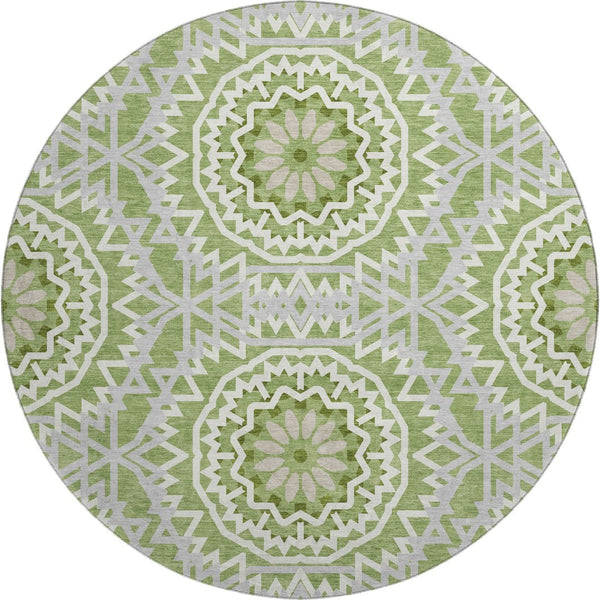 HomeRoots 8' Green And Ivory Geometric Round Rug - Stylish, Washable, UV-Protected for Kid & Pet-Friendly Spaces 652224