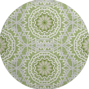 HomeRoots 8' Green And Ivory Geometric Round Rug - Stylish, Washable, UV-Protected for Kid & Pet-Friendly Spaces 652224