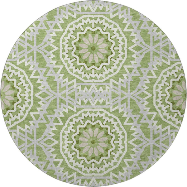 HomeRoots 8' Green And Ivory Geometric Round Rug - Stylish, Washable, UV-Protected for Kid & Pet-Friendly Spaces 652224