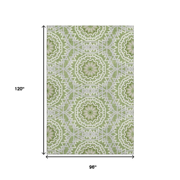 HomeRoots 8' X 10' Stylish Green and Ivory Geometric Washable Area Rug with UV Protection for Modern Homes 652225
