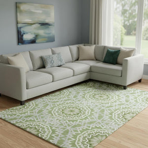 HomeRoots 8' X 10' Stylish Green and Ivory Geometric Washable Area Rug with UV Protection for Modern Homes 652225
