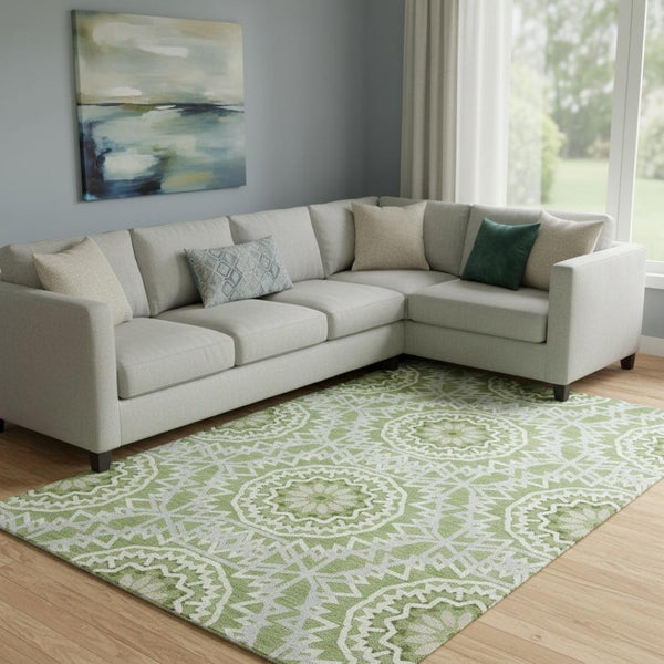 HomeRoots 8' X 10' Stylish Green and Ivory Geometric Washable Area Rug with UV Protection for Modern Homes 652225
