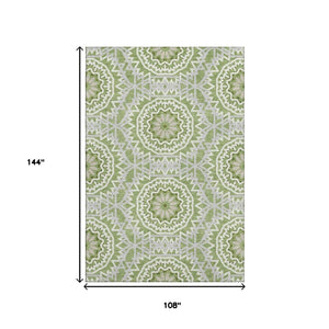 HomeRoots 9' X 12' Green And Ivory Geometric Area Rug – Washable, Stain Resistant, UV Protected for High-Traffic Areas 652226