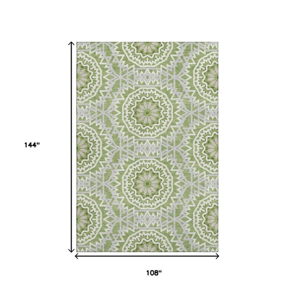 HomeRoots 9' X 12' Green And Ivory Geometric Area Rug – Washable, Stain Resistant, UV Protected for High-Traffic Areas 652226