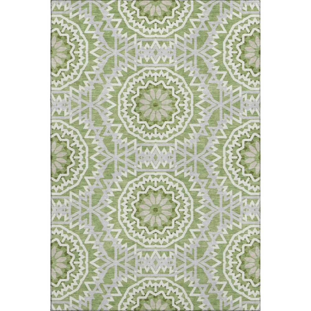HomeRoots 9' X 12' Green And Ivory Geometric Area Rug – Washable, Stain Resistant, UV Protected for High-Traffic Areas 652226