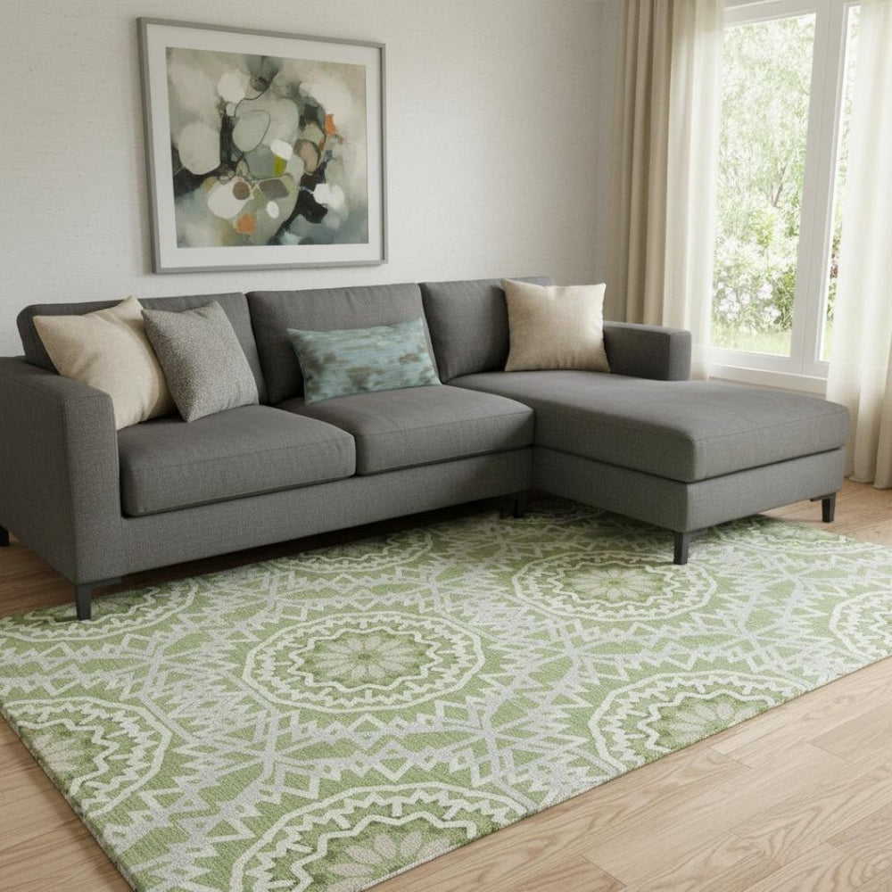 HomeRoots 9' X 12' Green And Ivory Geometric Area Rug – Washable, Stain Resistant, UV Protected for High-Traffic Areas 652226