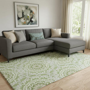HomeRoots 9' X 12' Green And Ivory Geometric Area Rug – Washable, Stain Resistant, UV Protected for High-Traffic Areas 652226