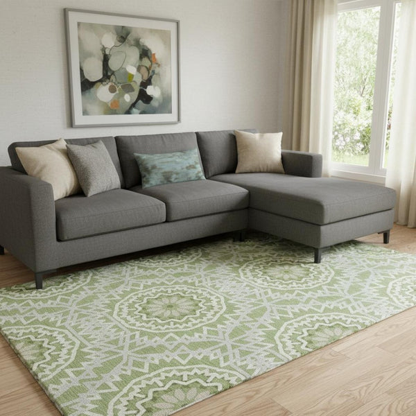 HomeRoots 9' X 12' Green And Ivory Geometric Area Rug – Washable, Stain Resistant, UV Protected for High-Traffic Areas 652226