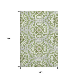 HomeRoots 10' Green and Ivory Geometric Area Rug - Washable, UV-Protected, Stylish for High-Traffic Spaces 652227