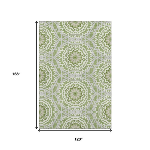 HomeRoots 10' Green and Ivory Geometric Area Rug - Washable, UV-Protected, Stylish for High-Traffic Spaces 652227