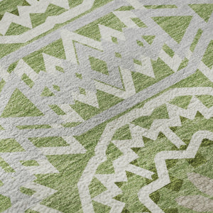 HomeRoots 10' Green and Ivory Geometric Area Rug - Washable, UV-Protected, Stylish for High-Traffic Spaces 652227