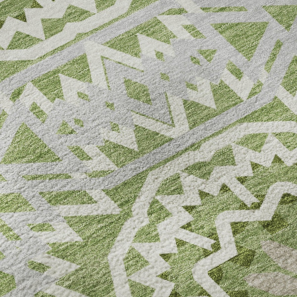 HomeRoots 10' Green and Ivory Geometric Area Rug - Washable, UV-Protected, Stylish for High-Traffic Spaces 652227
