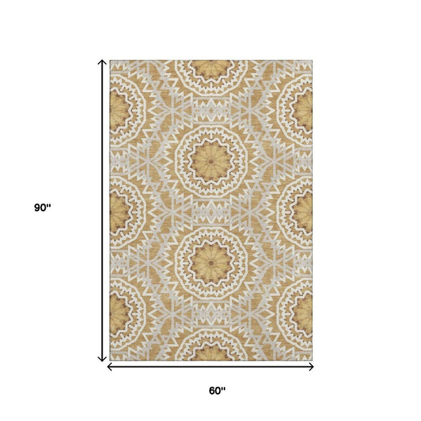 HomeRoots 5' X 8' Gold and Ivory Geometric Area Rug - Stylish, Washable, UV-Protected for Modern Living Spaces 652229