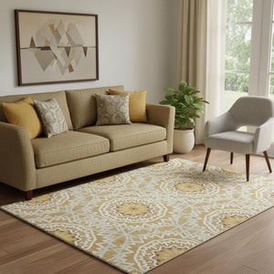 HomeRoots 5' X 8' Gold and Ivory Geometric Area Rug - Stylish, Washable, UV-Protected for Modern Living Spaces 652229