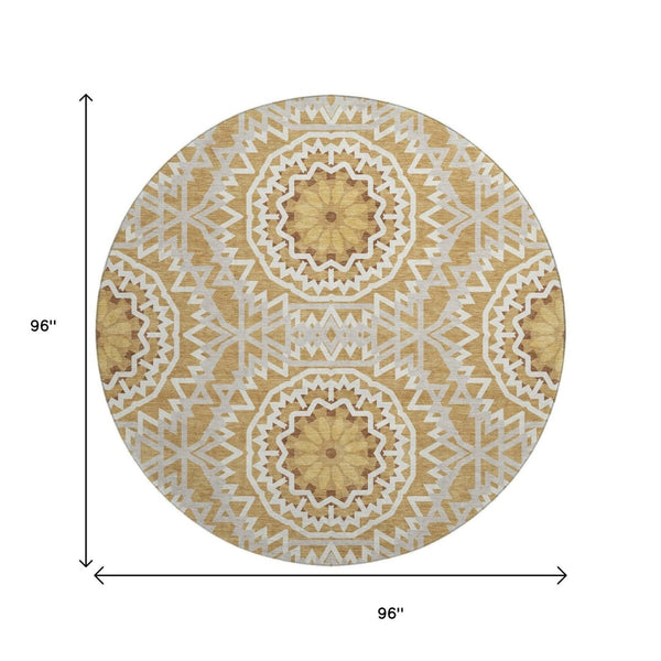 HomeRoots 8' Gold And Ivory Modern Geometric Round Rug - Washable, UV Protected, Stain-Resistant Design! 652230