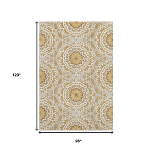 HomeRoots 8' X 10' Stylish Gold and Ivory Geometric Washable Area Rug with UV Protection for Modern Homes 652231