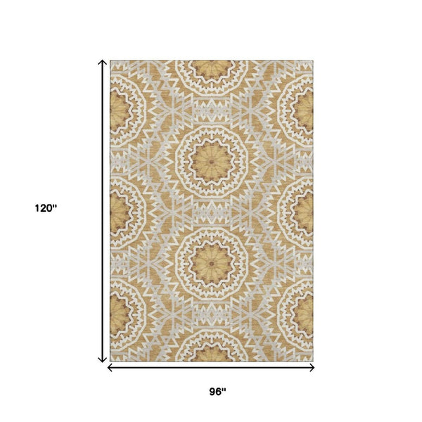 HomeRoots 8' X 10' Stylish Gold and Ivory Geometric Washable Area Rug with UV Protection for Modern Homes 652231