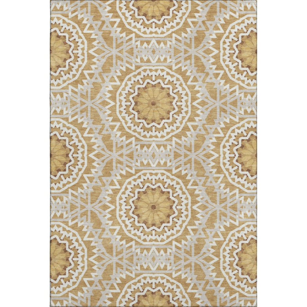 HomeRoots 8' X 10' Stylish Gold and Ivory Geometric Washable Area Rug with UV Protection for Modern Homes 652231