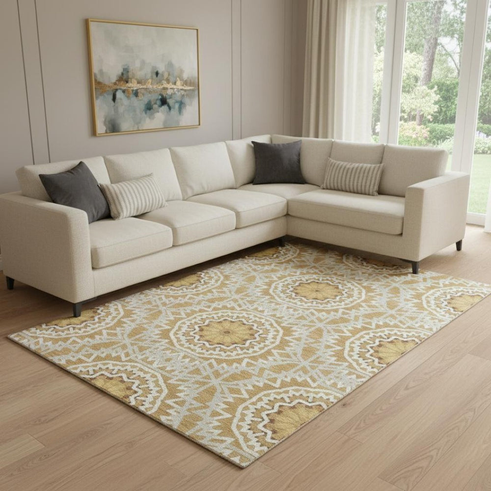 HomeRoots 8' X 10' Stylish Gold and Ivory Geometric Washable Area Rug with UV Protection for Modern Homes 652231