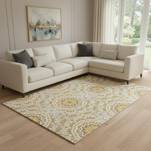 HomeRoots 8' X 10' Stylish Gold and Ivory Geometric Washable Area Rug with UV Protection for Modern Homes 652231