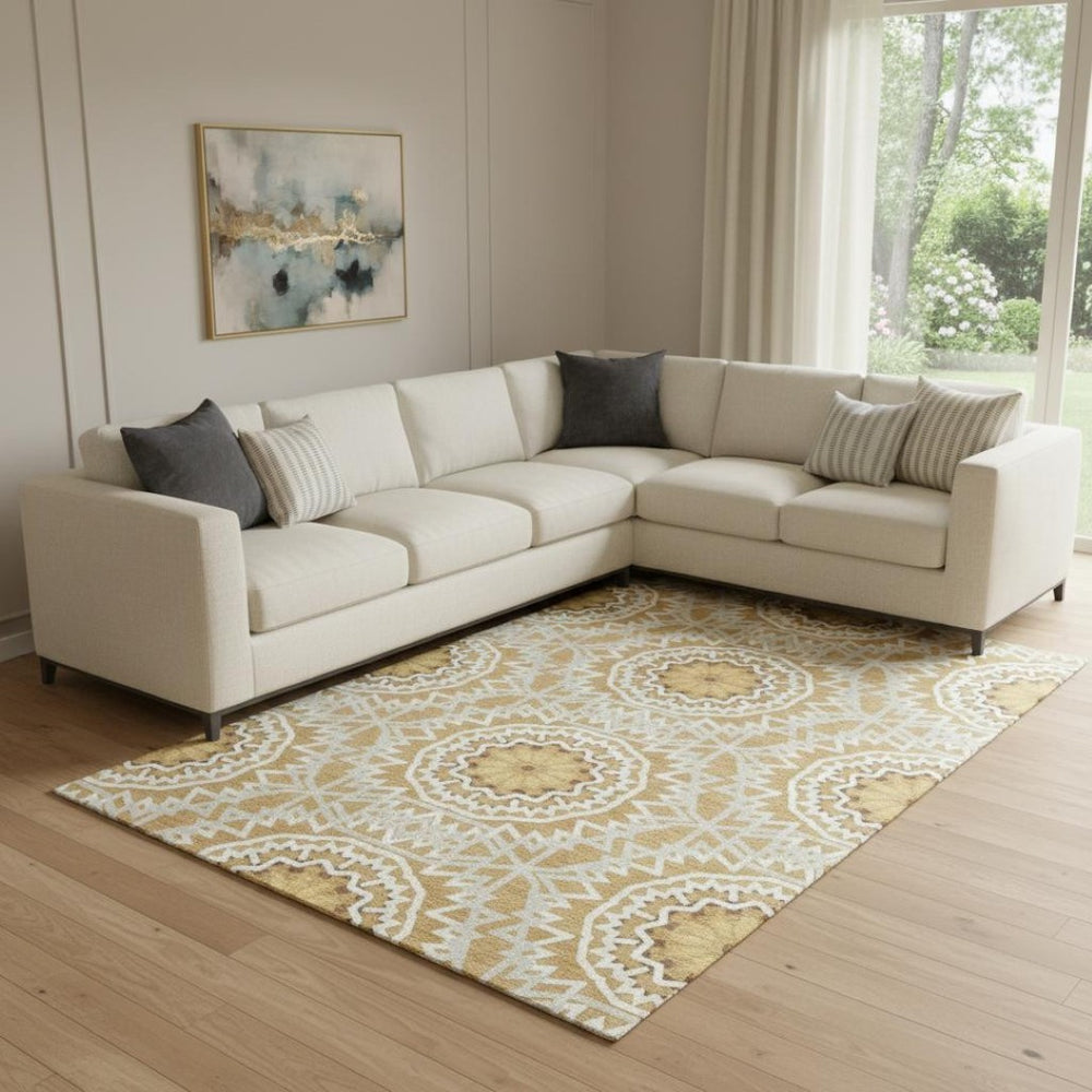 HomeRoots 9' X 12' Gold Geometric Washable Area Rug with UV Protection - Perfect for High-Traffic Spaces! 652232